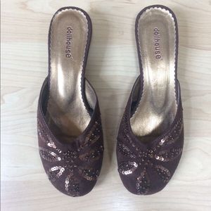 Dollhouse Brown Suede-Like Slide On Kitten Heels